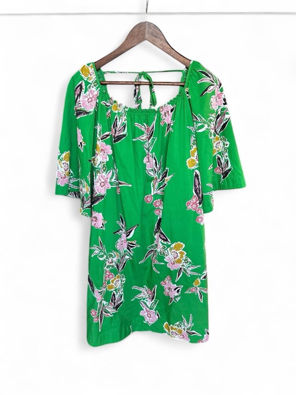 Free People Bright Green Pink Floral Square Neck Short Sleeve Mini Dress XL